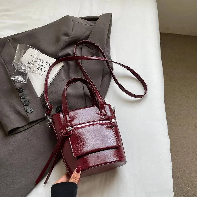 Tote Mini Handbags Women Glazed Leather Zipper Outer Pocket Crossbody Bags