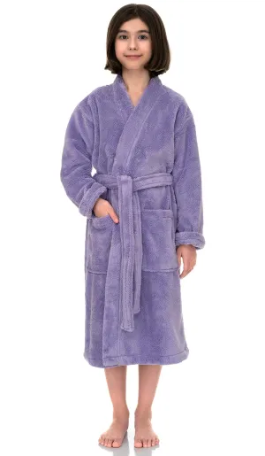 TowelSelections Girls Robe, Kids Plush Kimono Soft Fleece Bathrobe Size 10 Lavender