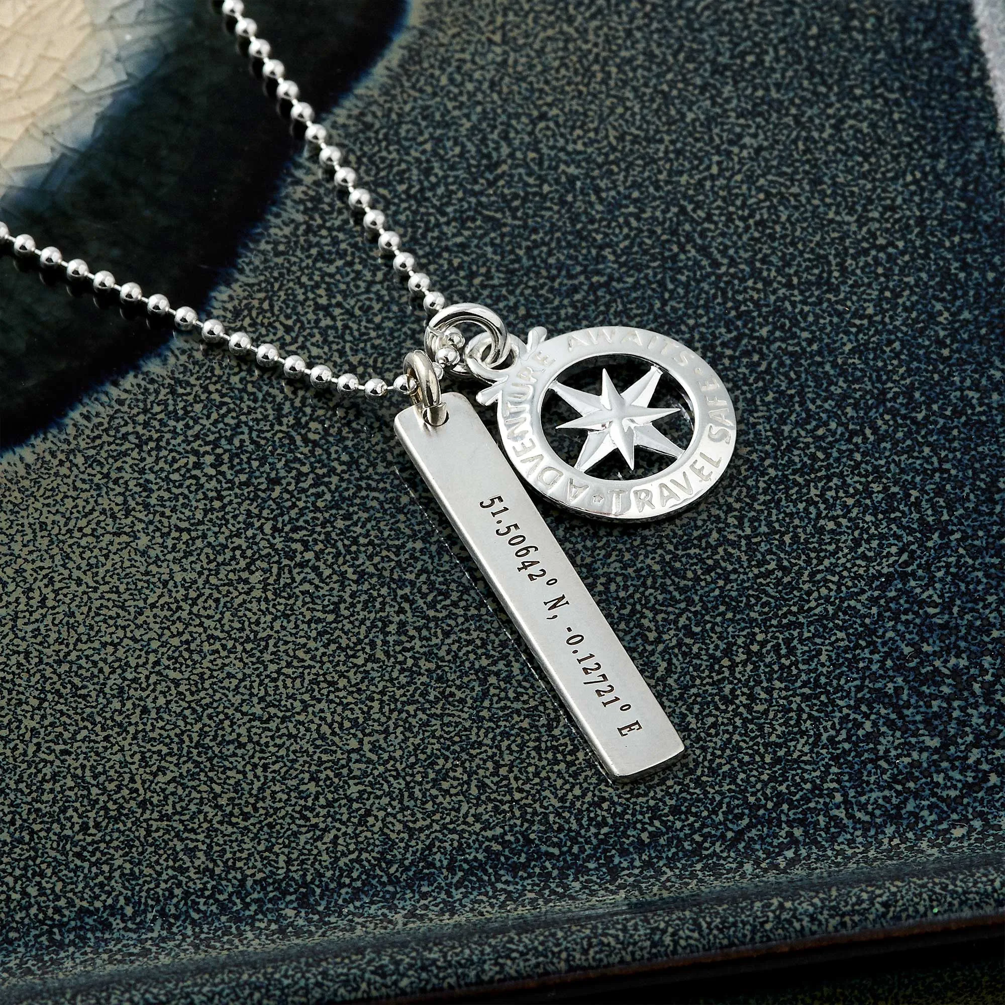 Travel Safe Compass Coordinates Long Tag Silver Necklace