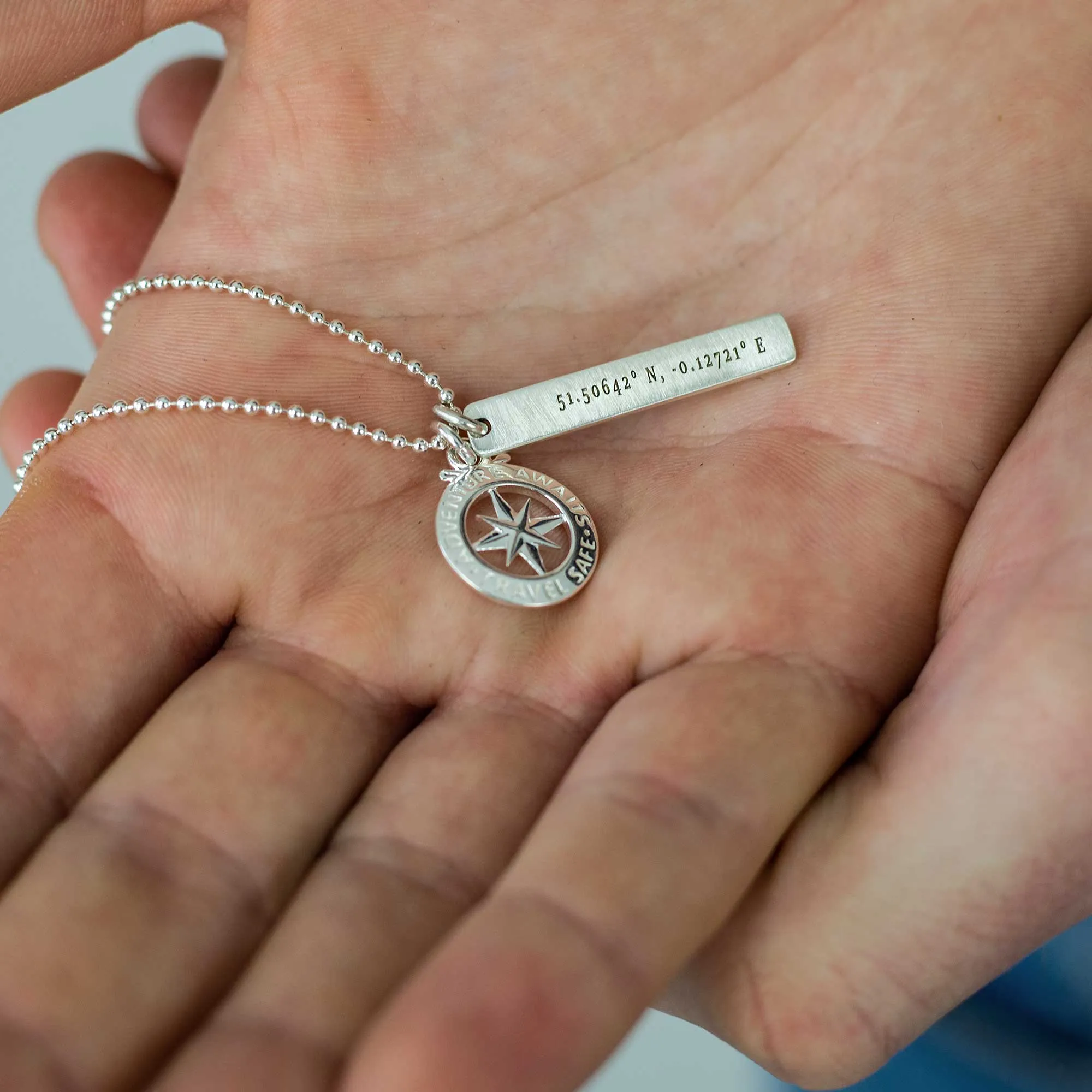 Travel Safe Compass Coordinates Long Tag Silver Necklace