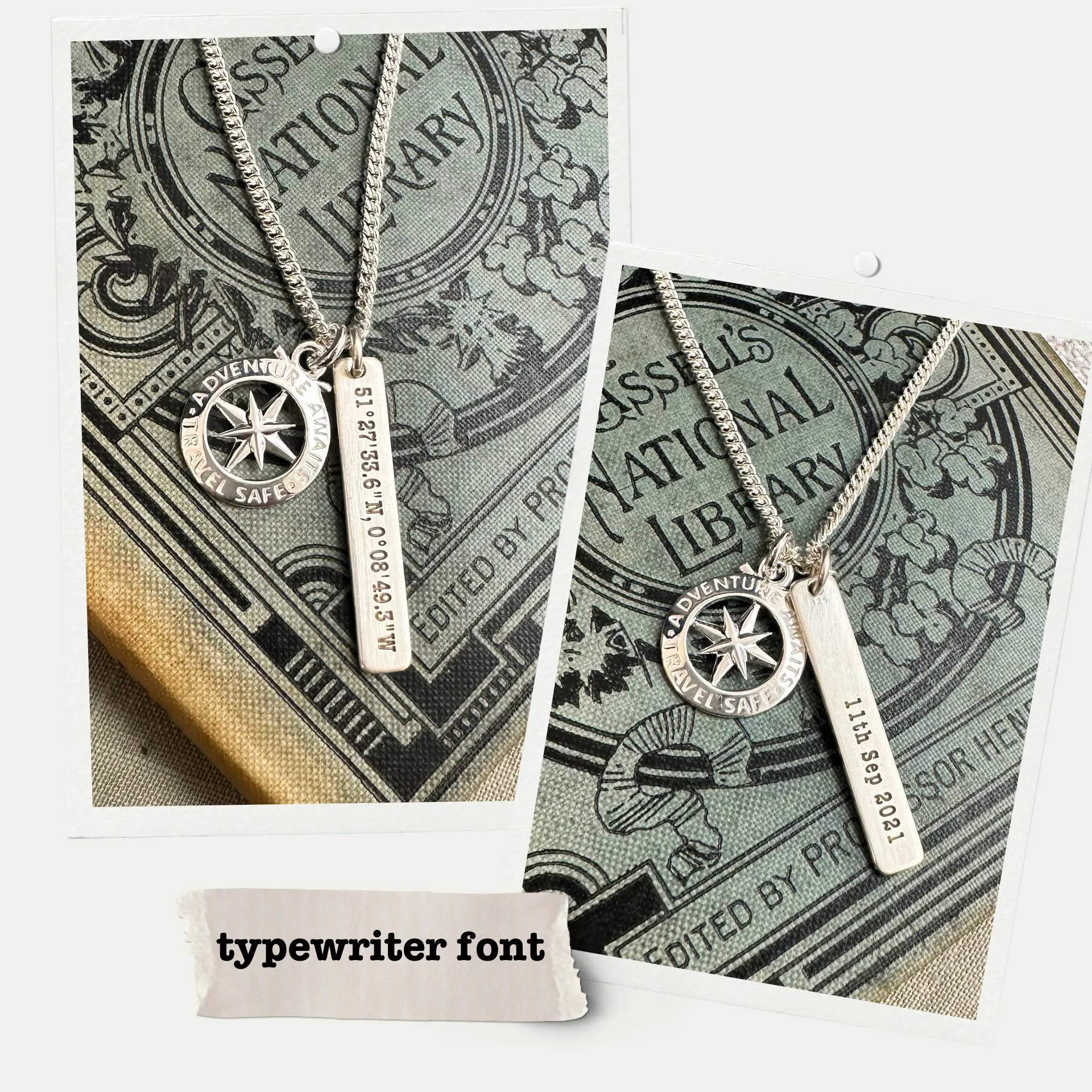 Travel Safe Compass Coordinates Long Tag Silver Necklace