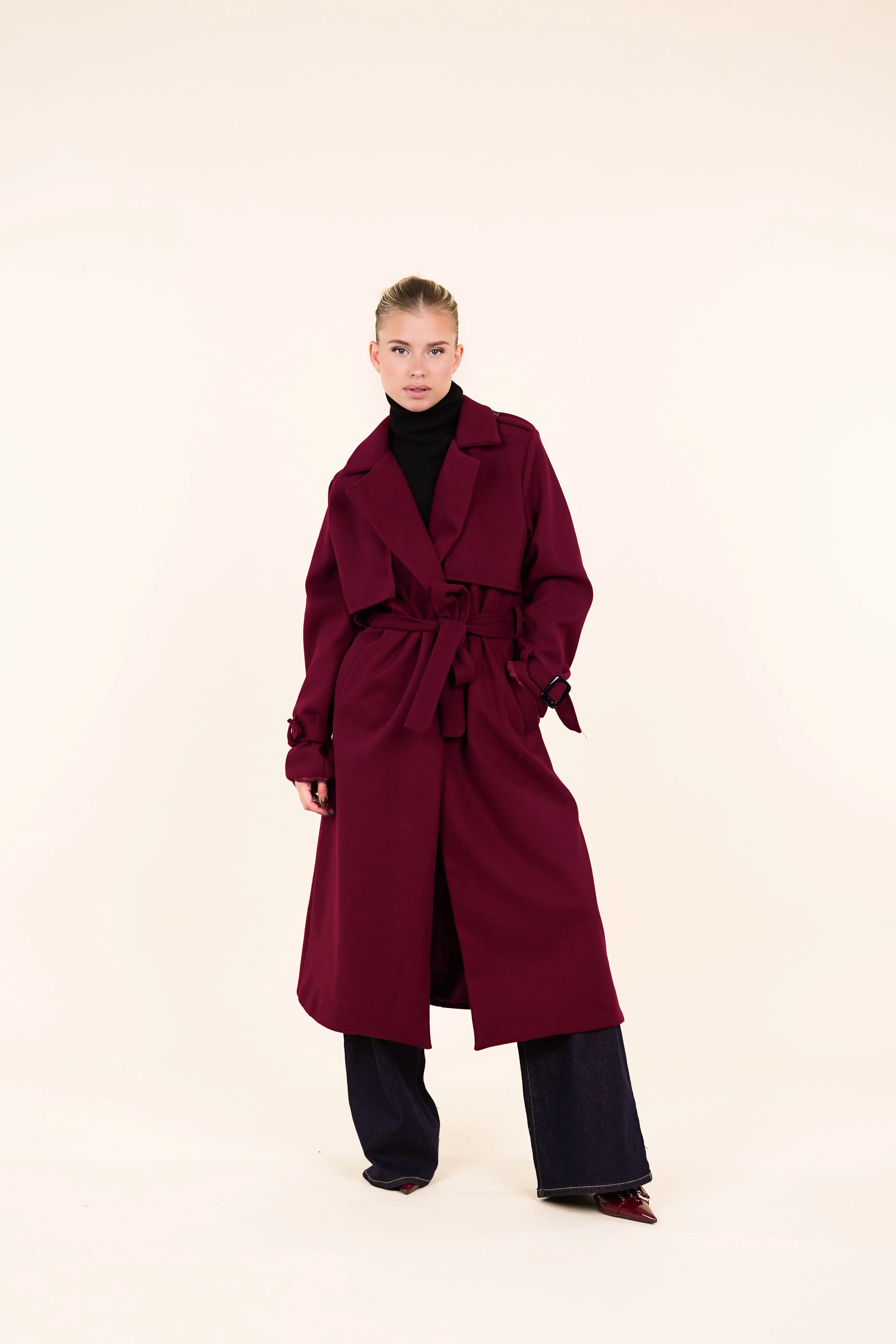 Trenchcoat dames lang burgundy - Yasmin
