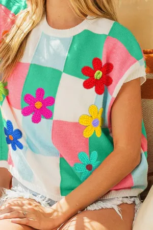Trendy Flower Patch Knit Checkered Sweater Vest