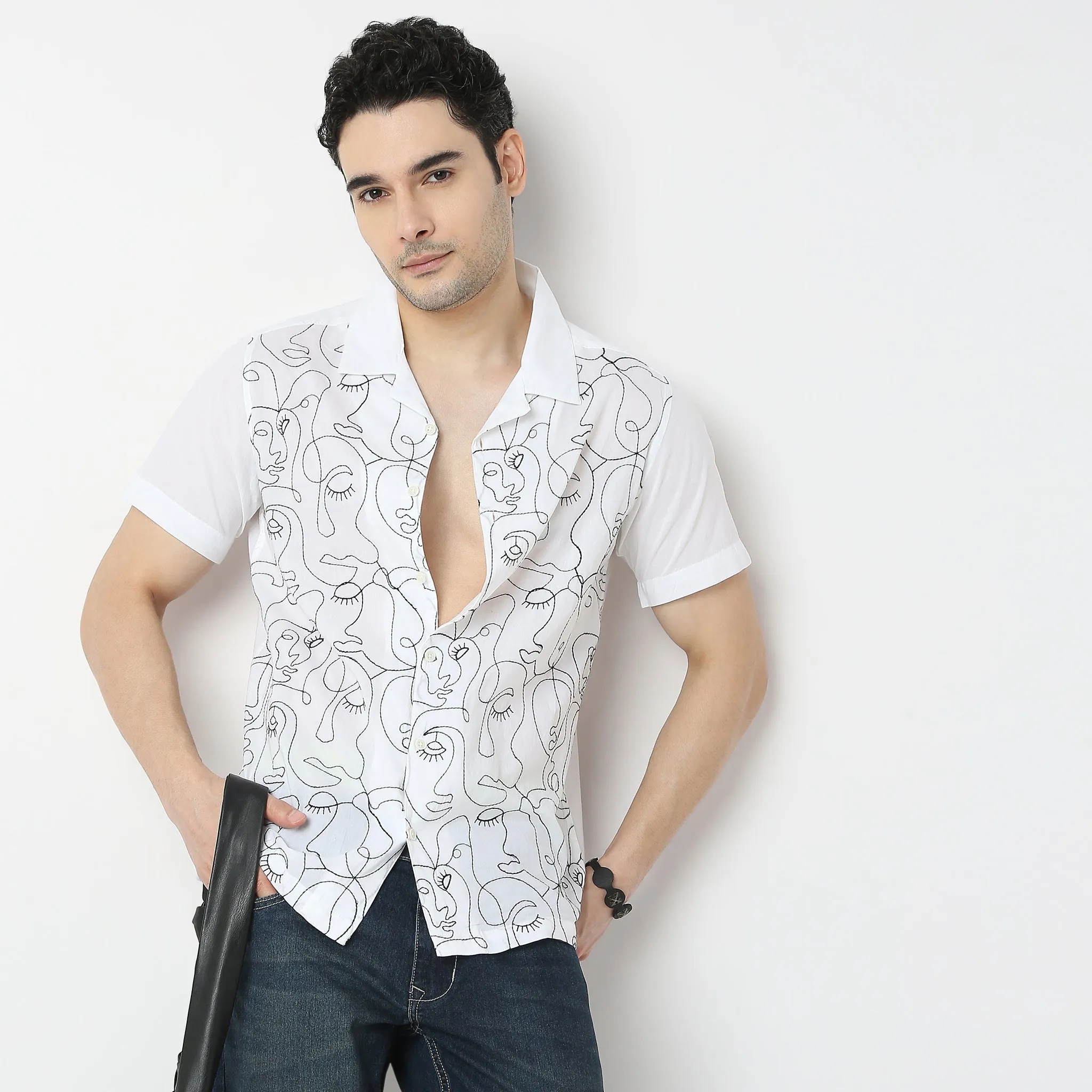 Trendy "BAE" Shirt Pure Cotton Embroidered Cuban Collar Regular Fit Shirt
