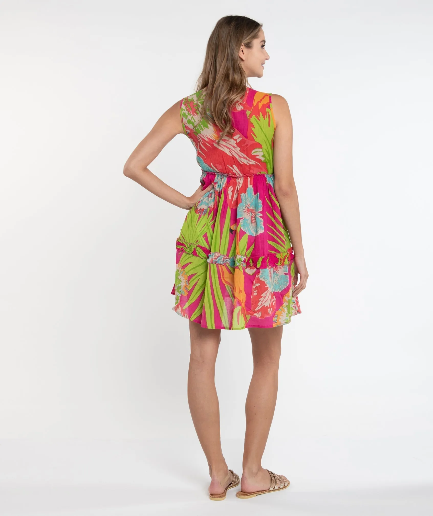 Tropical Toucan Print Midi Dress with Tassel Drawstring