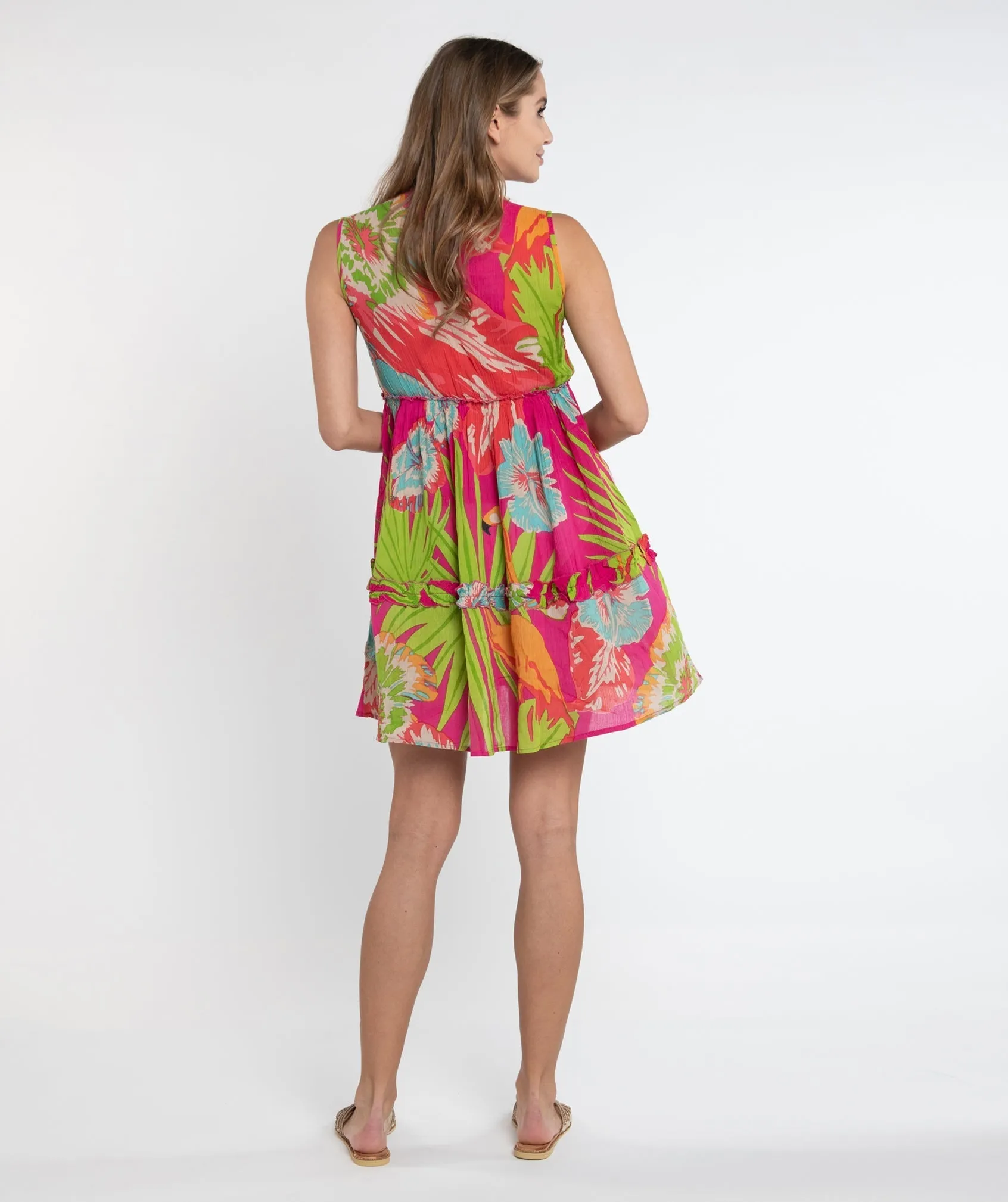 Tropical Toucan Print Midi Dress with Tassel Drawstring