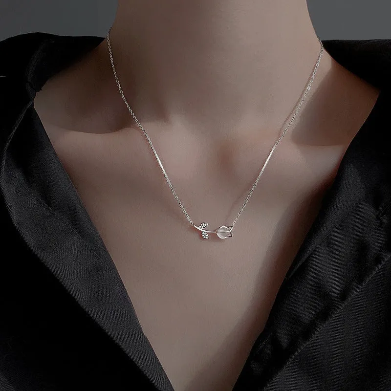 Tulips Pendants 925 Silver Collarbone Necklace for Women