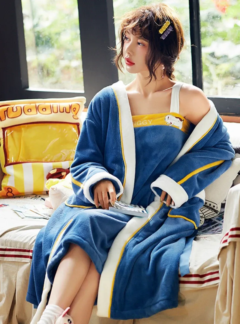 TWO-PIECE SUIT LONG BATHROBE FLEECE NIGHTGOWN SLING NIGHTDRESS