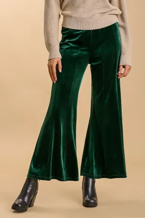 Umgee Flare Pants Velvet Dark Green High Rise Elastic Waist Cropped