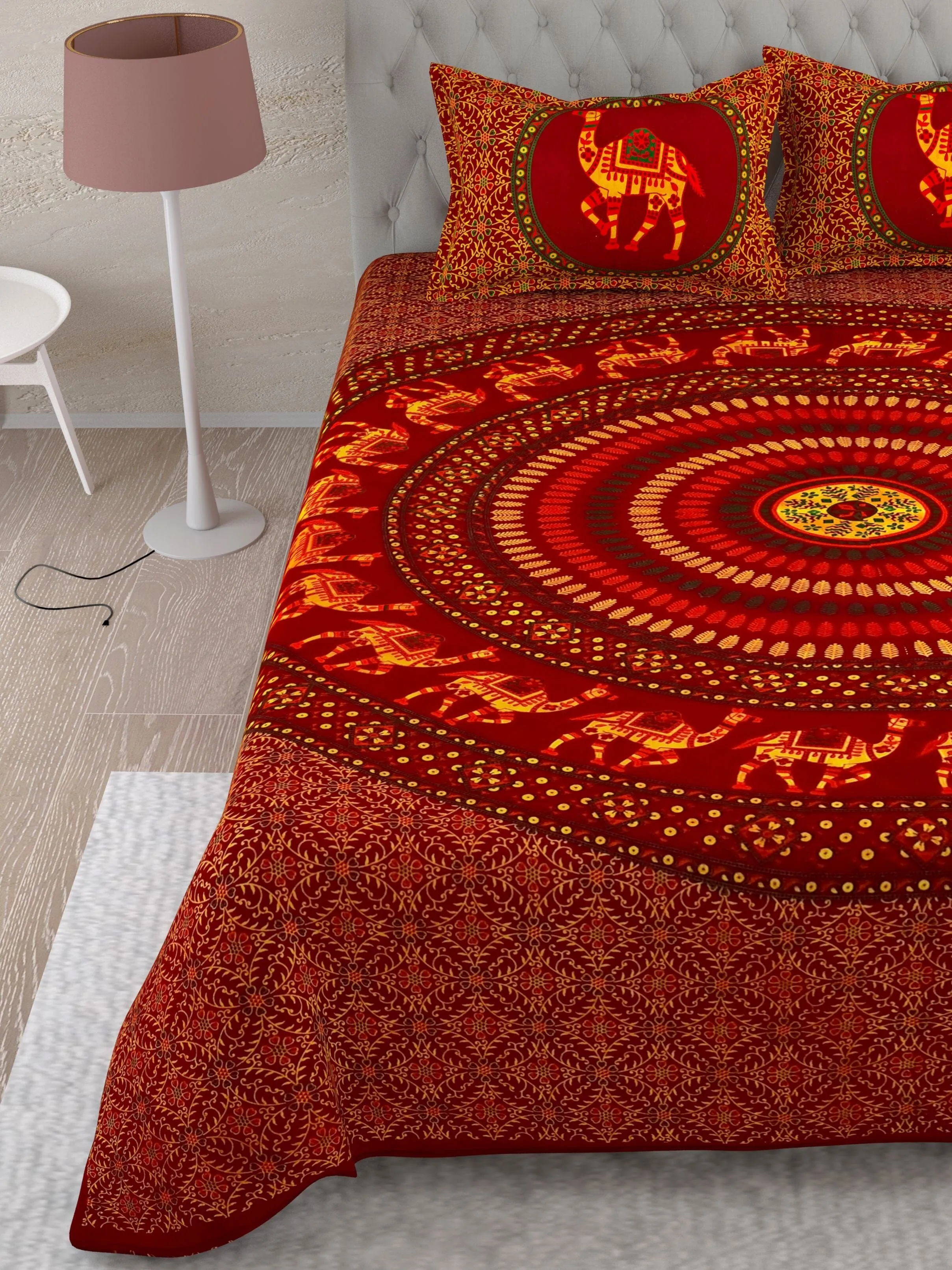 UniqChoice Brown Color 100% Cotton Badmeri Printed King Size Bedsheet With 2 Pillow Cover(D-2008NBrown)