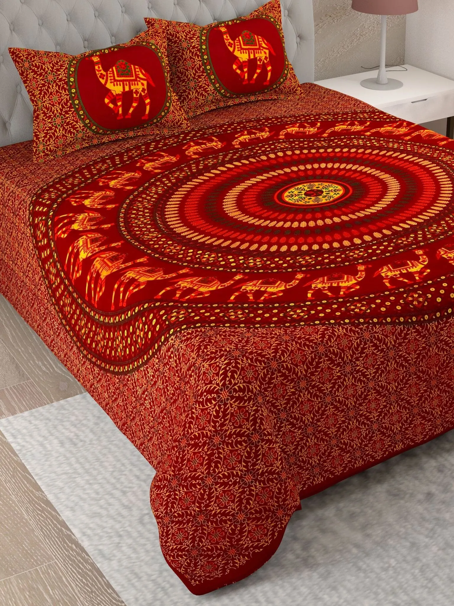 UniqChoice Brown Color 100% Cotton Badmeri Printed King Size Bedsheet With 2 Pillow Cover(D-2008NBrown)