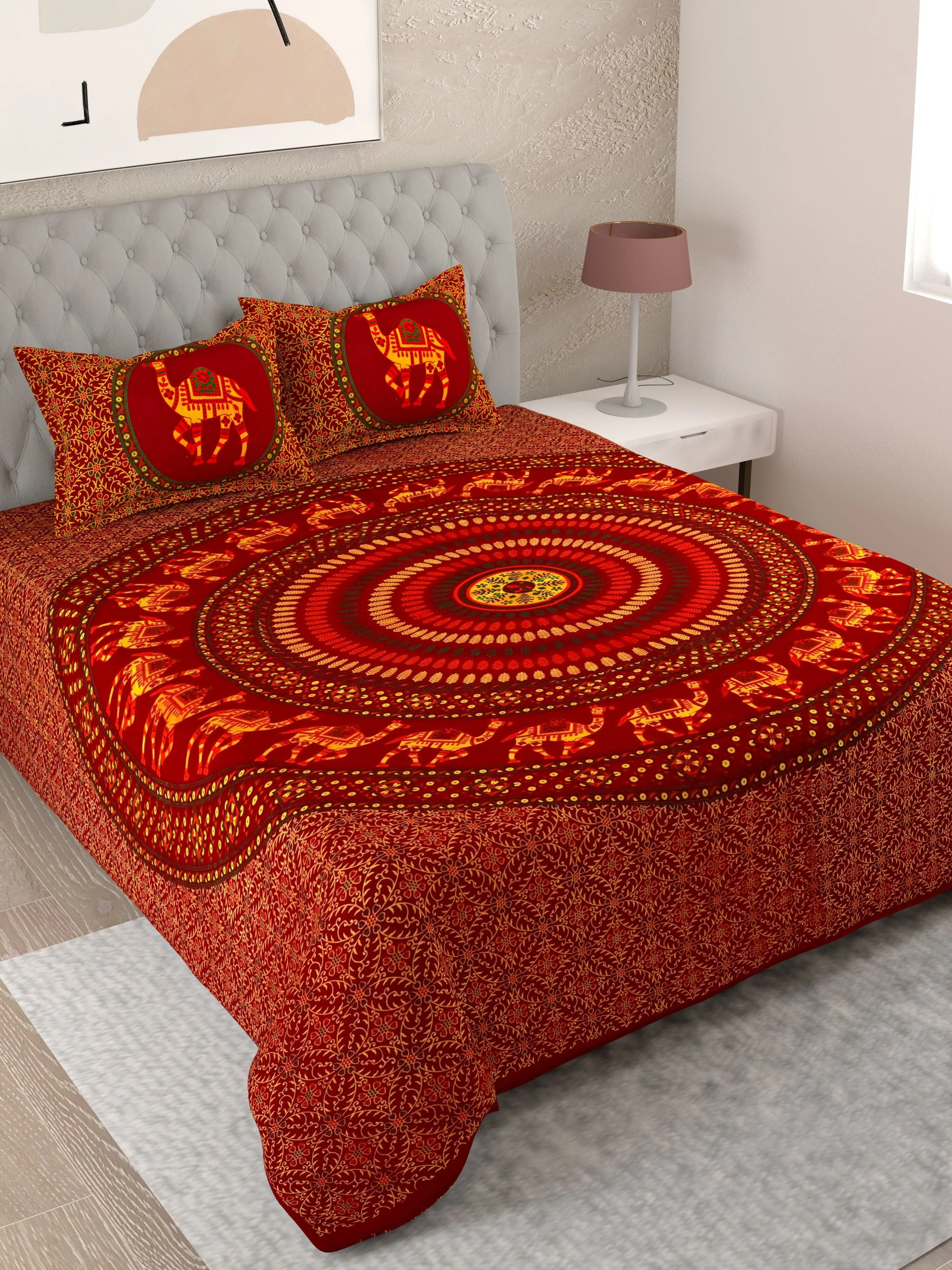 UniqChoice Brown Color 100% Cotton Badmeri Printed King Size Bedsheet With 2 Pillow Cover(D-2008NBrown)