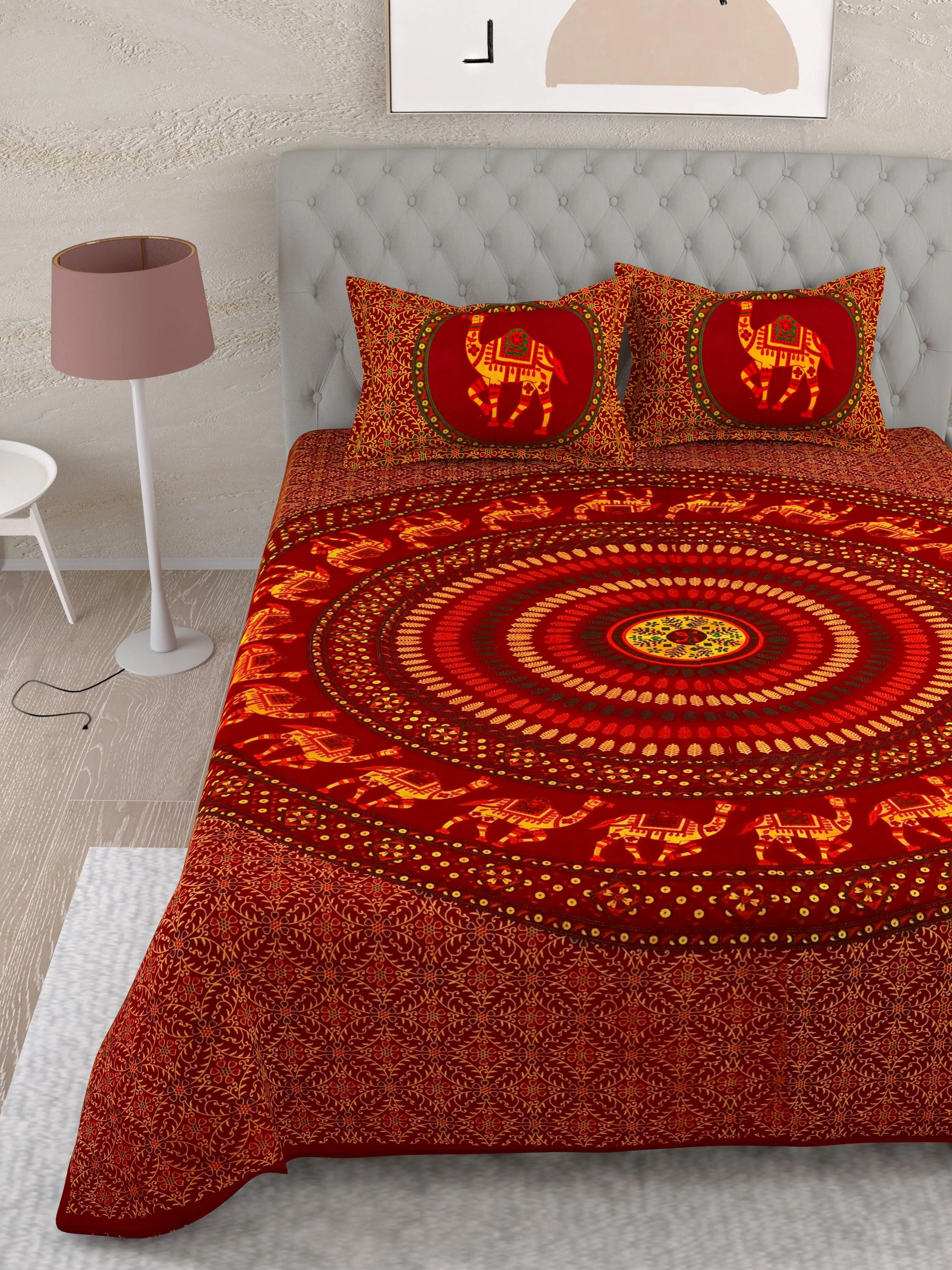 UniqChoice Brown Color 100% Cotton Badmeri Printed King Size Bedsheet With 2 Pillow Cover(D-2008NBrown)