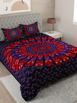 UniqChoice Purple Color 100% Cotton Badmeri Printed King Size Bedsheet With 2 Pillow Cover(D-1047NPurple)