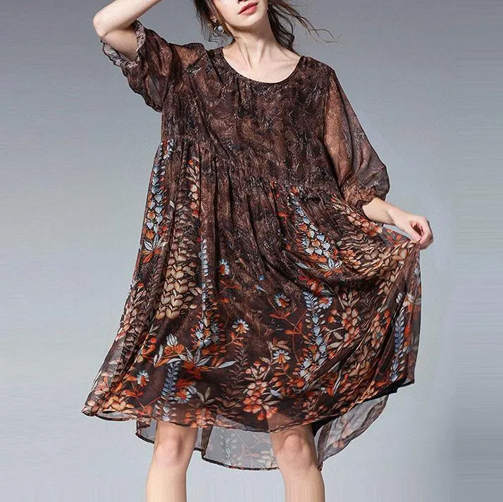 Unique Blue Print Tunic Pattern O Neck Cinched Plus Size Summer Dresses