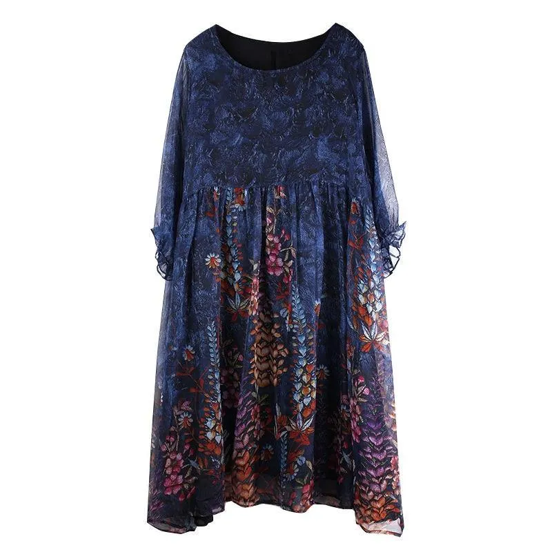 Unique Blue Print Tunic Pattern O Neck Cinched Plus Size Summer Dresses