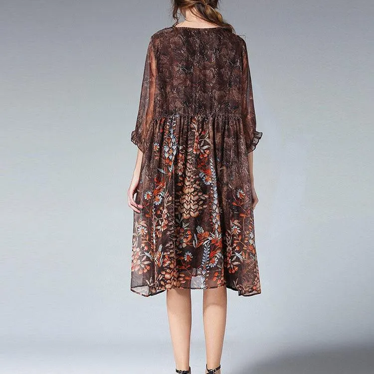 Unique Blue Print Tunic Pattern O Neck Cinched Plus Size Summer Dresses