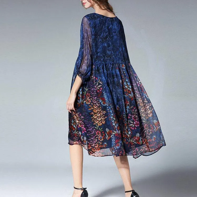 Unique Blue Print Tunic Pattern O Neck Cinched Plus Size Summer Dresses