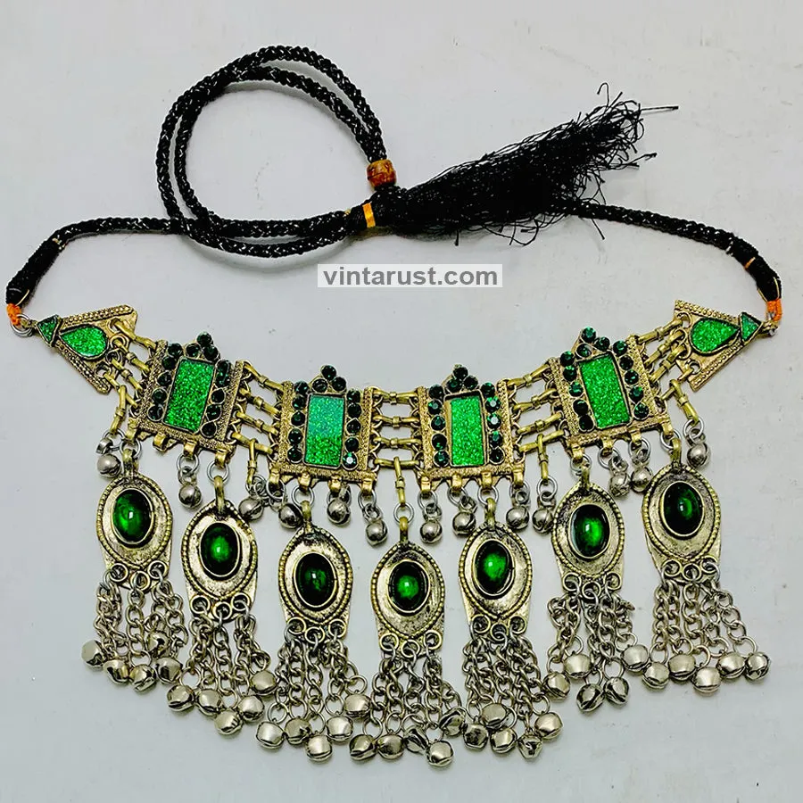 Unique Green Glass Stones and Bells Choker  Necklace