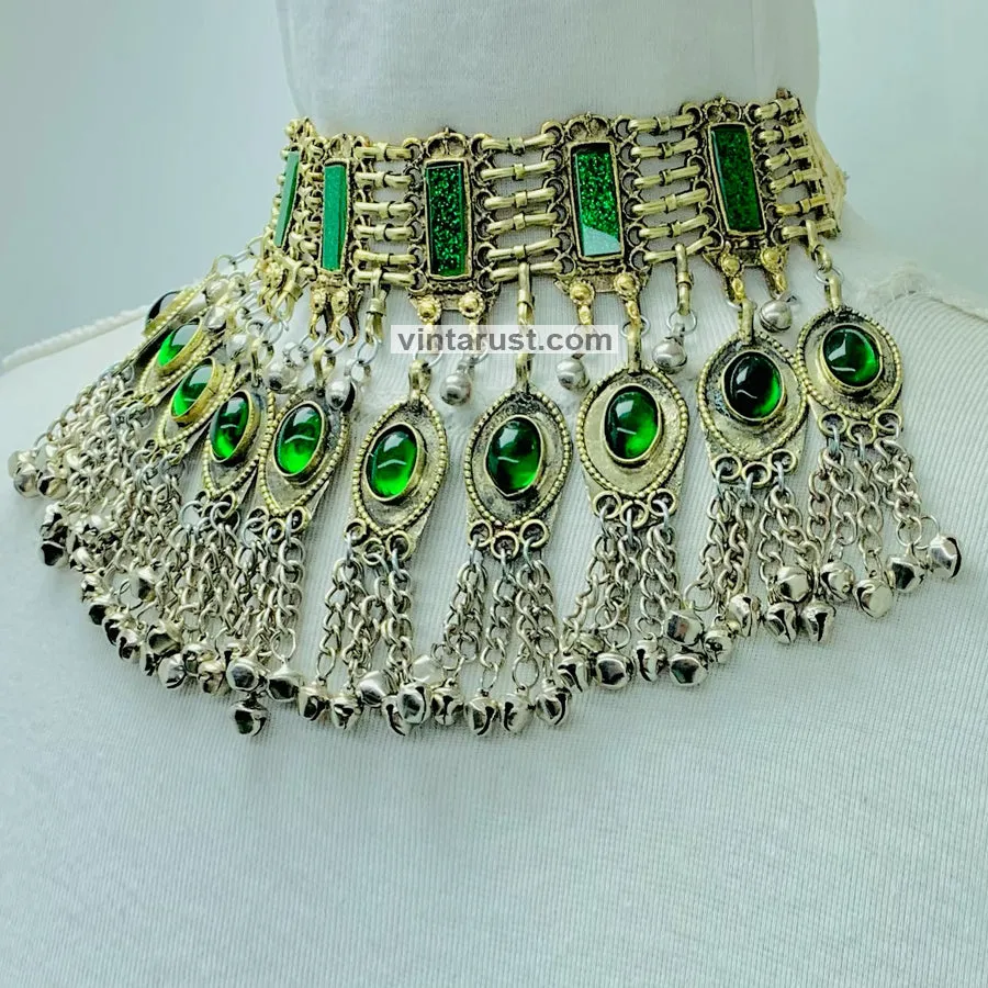 Unique Green Glass Stones and Bells Choker  Necklace