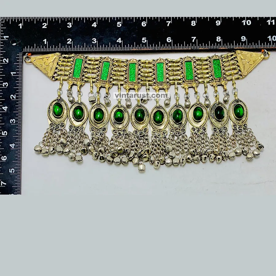 Unique Green Glass Stones and Bells Choker  Necklace