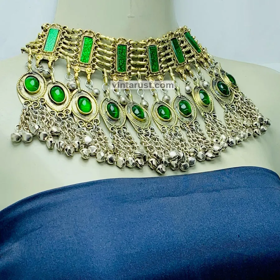 Unique Green Glass Stones and Bells Choker  Necklace