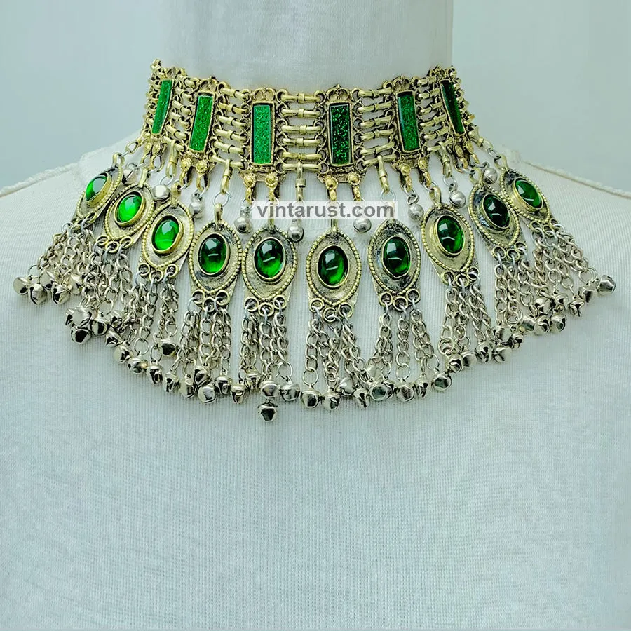 Unique Green Glass Stones and Bells Choker  Necklace