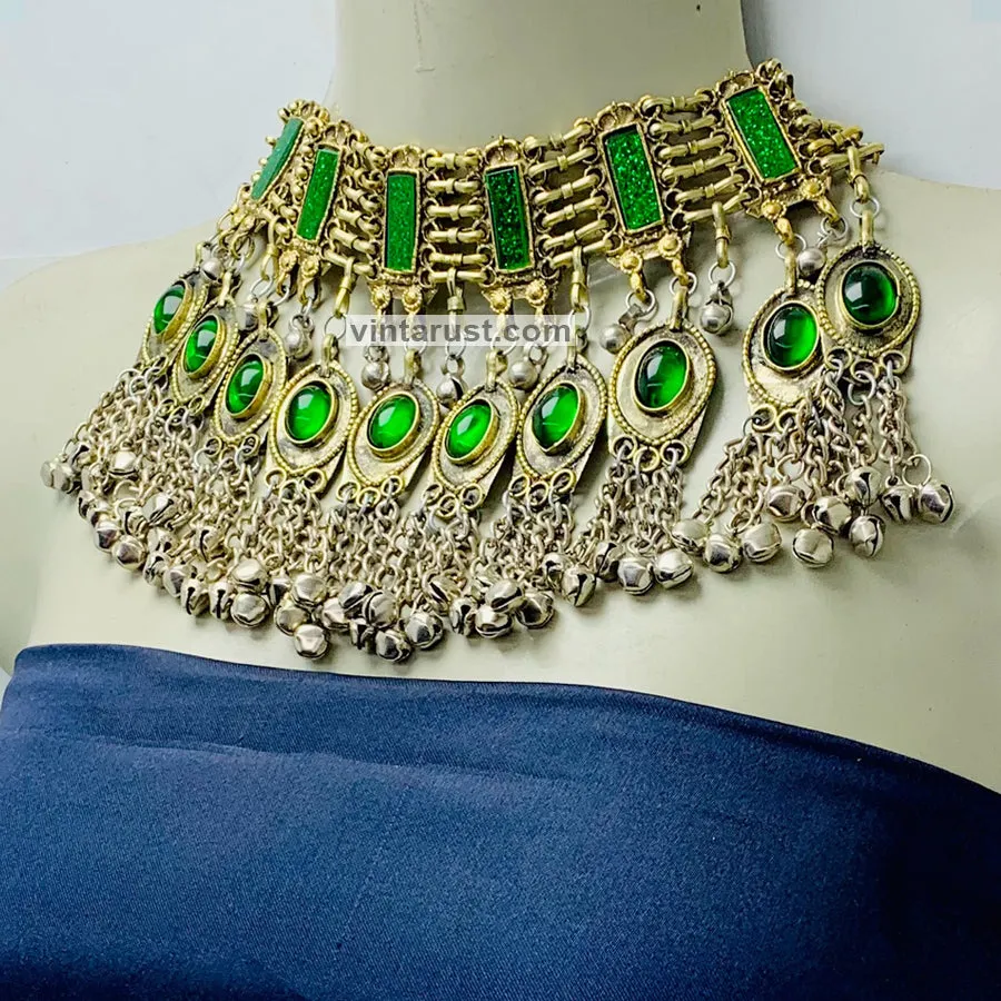 Unique Green Glass Stones and Bells Choker  Necklace