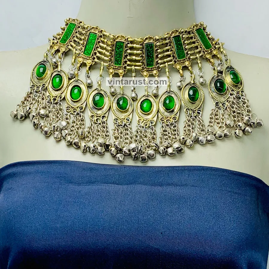 Unique Green Glass Stones and Bells Choker  Necklace