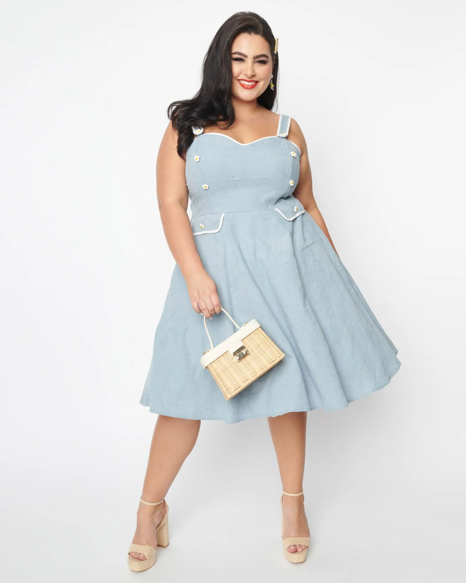 Unique Vintage Dusty Blue Daisy Pinafore Swing Dress | Blue