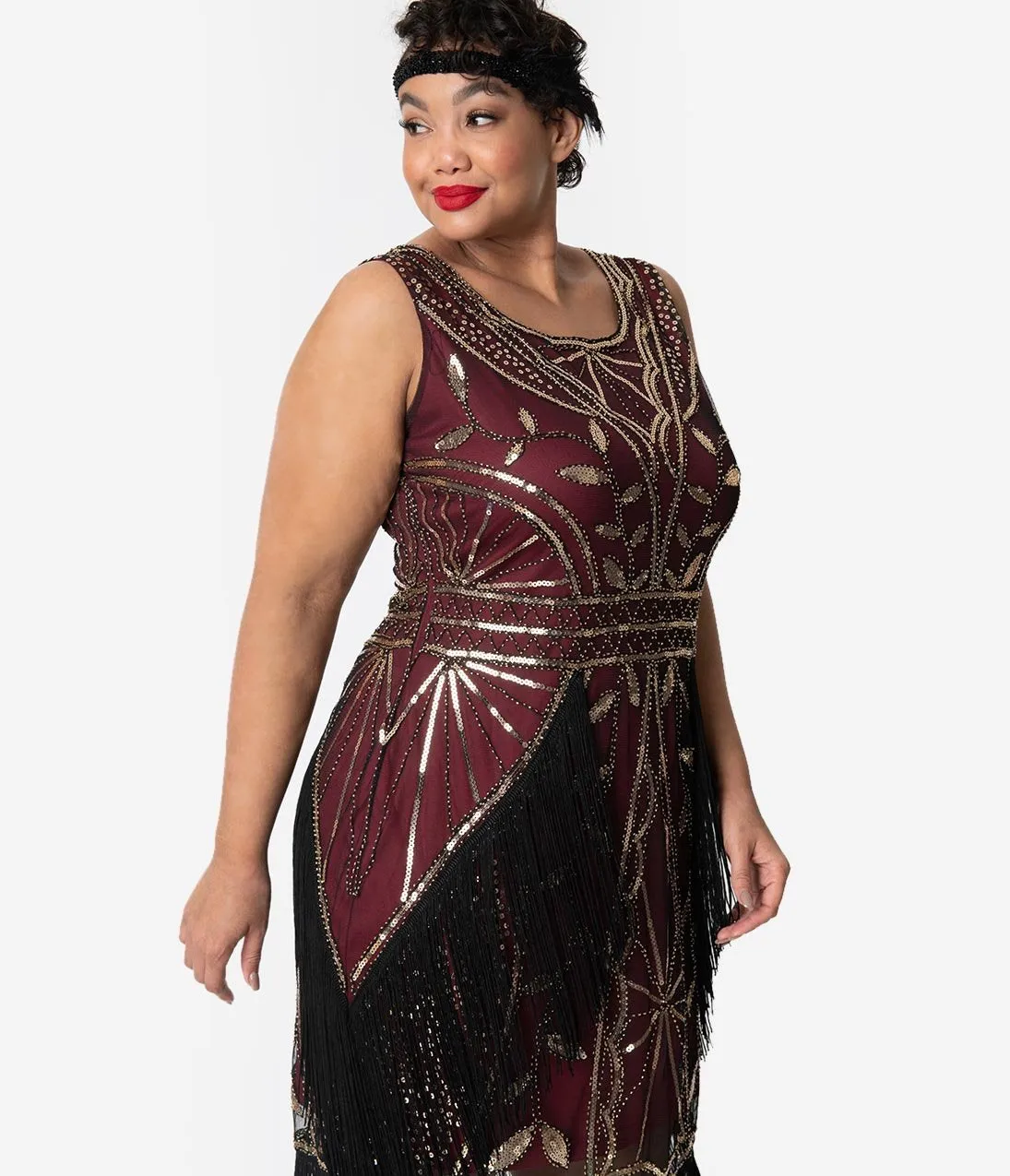 Unique Vintage Plus Size Burgundy & Gold Beaded Ambroise Flapper Dress