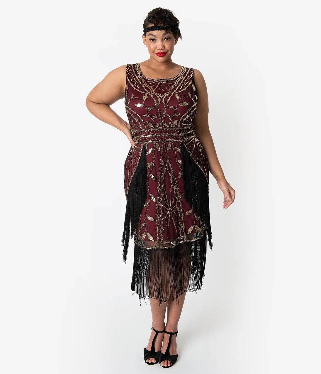 Unique Vintage Plus Size Burgundy & Gold Beaded Ambroise Flapper Dress
