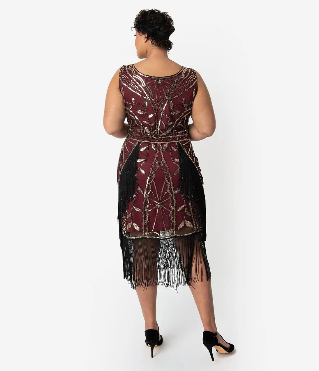 Unique Vintage Plus Size Burgundy & Gold Beaded Ambroise Flapper Dress