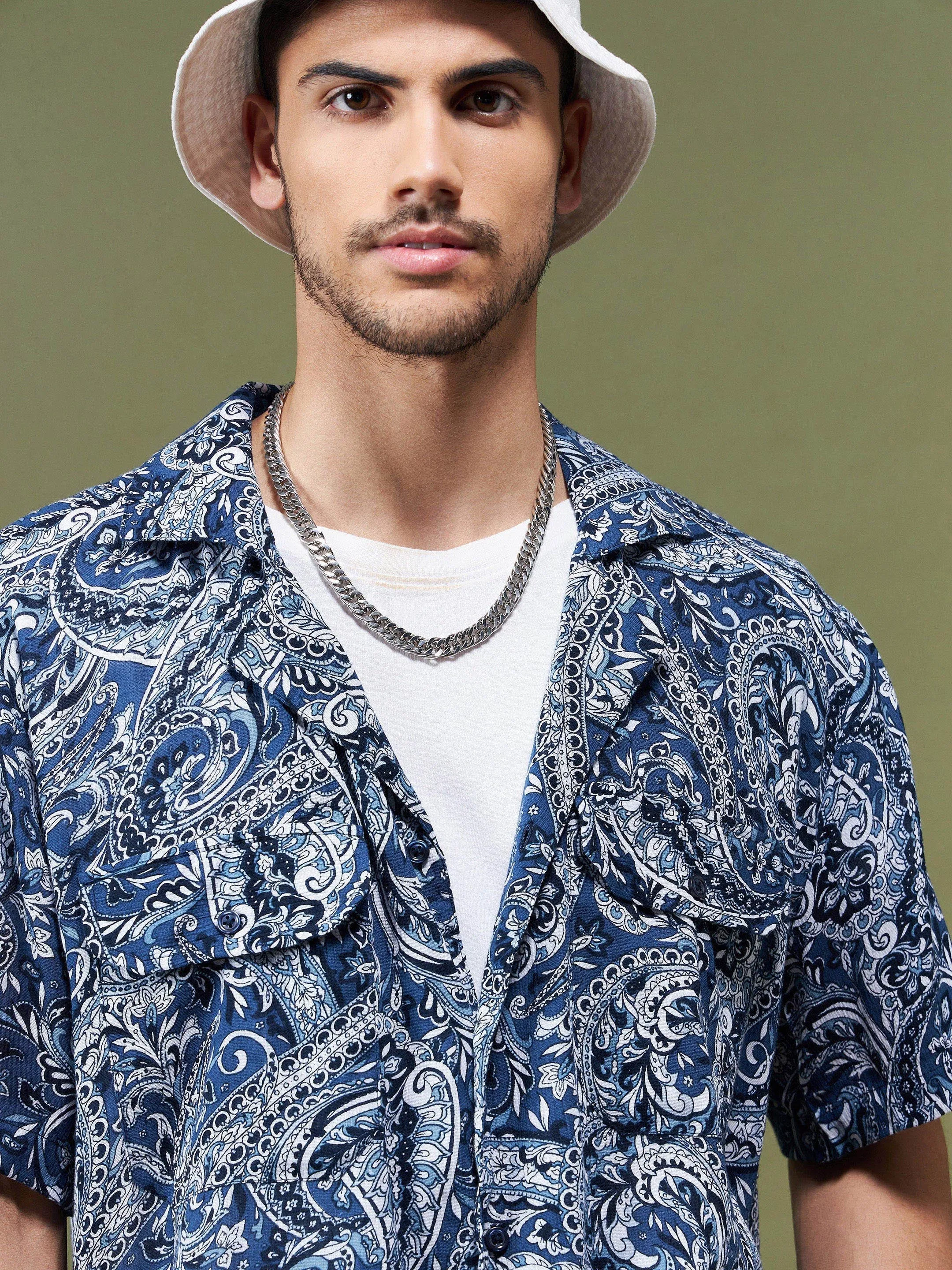 Unisex Navy Paisley Relax Fit Shirt