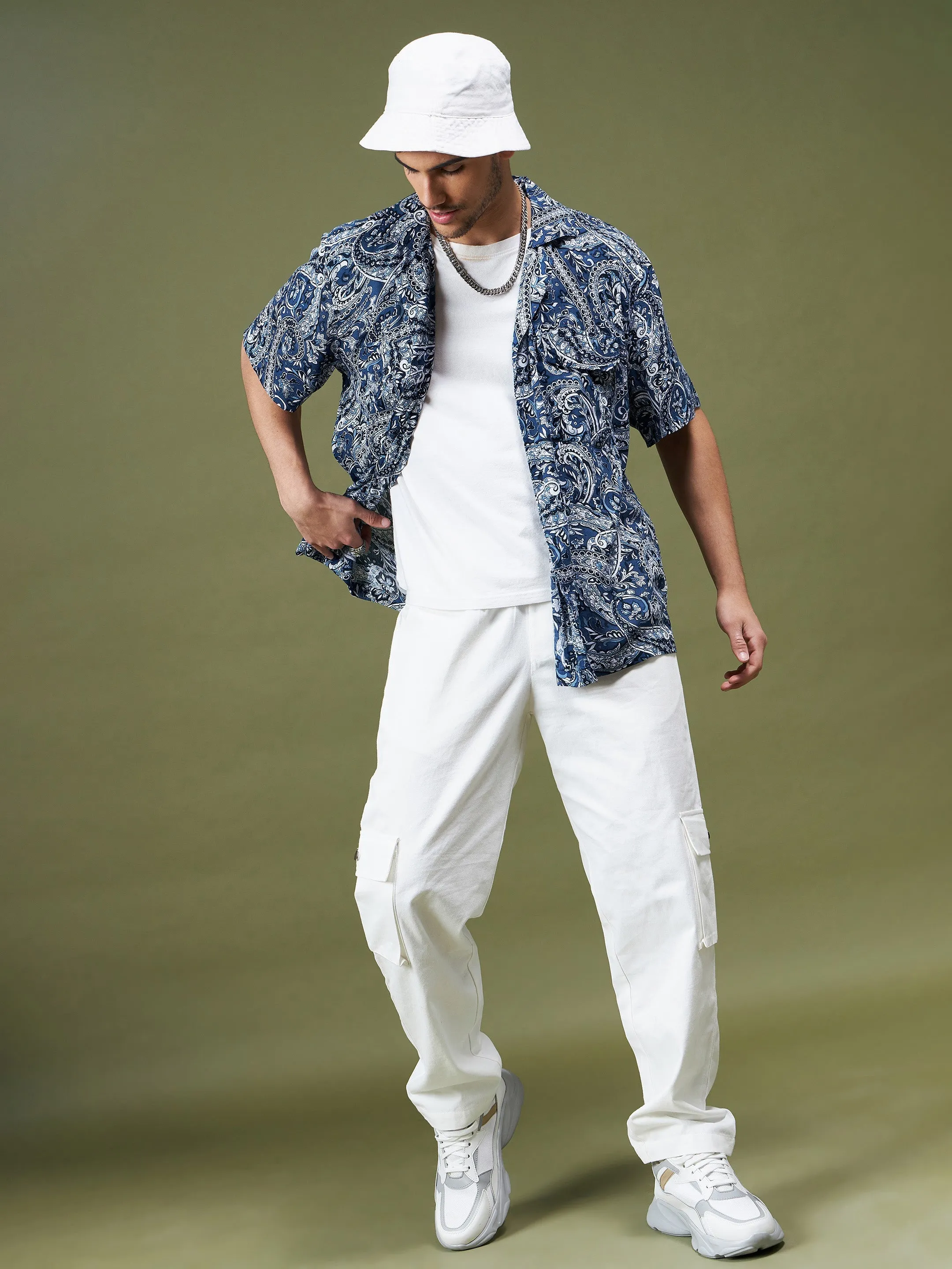 Unisex Navy Paisley Relax Fit Shirt