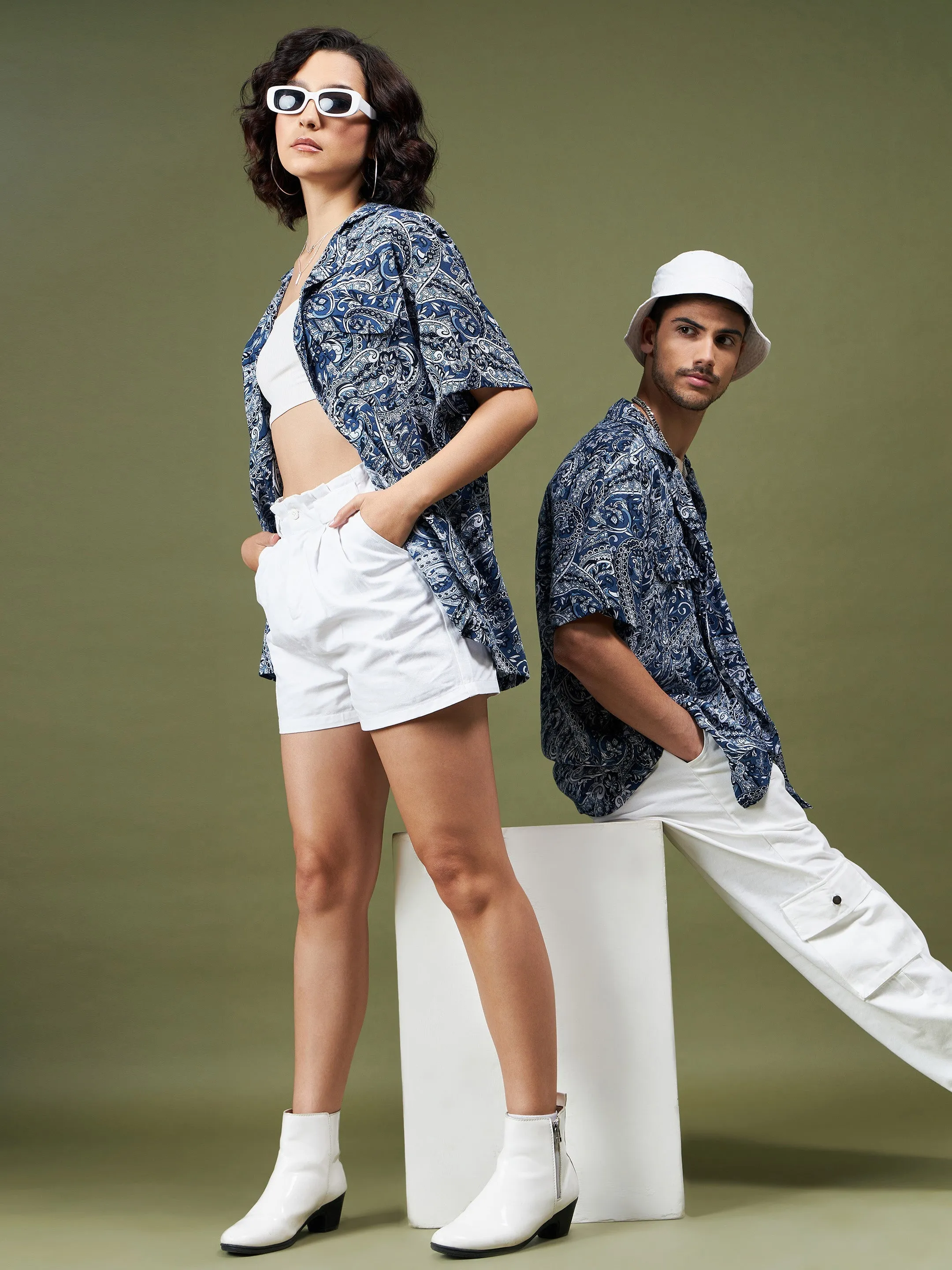 Unisex Navy Paisley Relax Fit Shirt