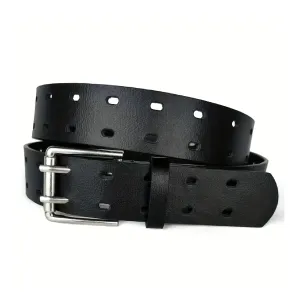 Unisex Solid Color PU Belts Vintage Double Pin Buckle Hollow Out Waistband Trendy Adjustable Jeans Pants Belt For Women & Men
