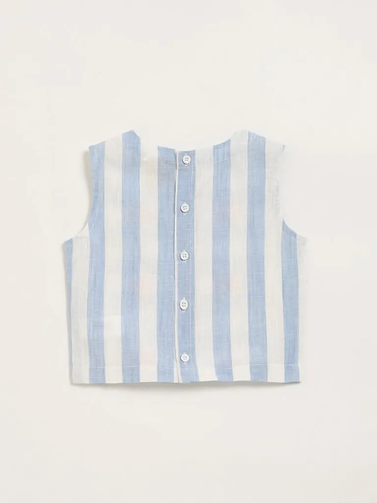 Utsa Kids Floral Embroidered Blue Striped Top (2 - 8yrs)