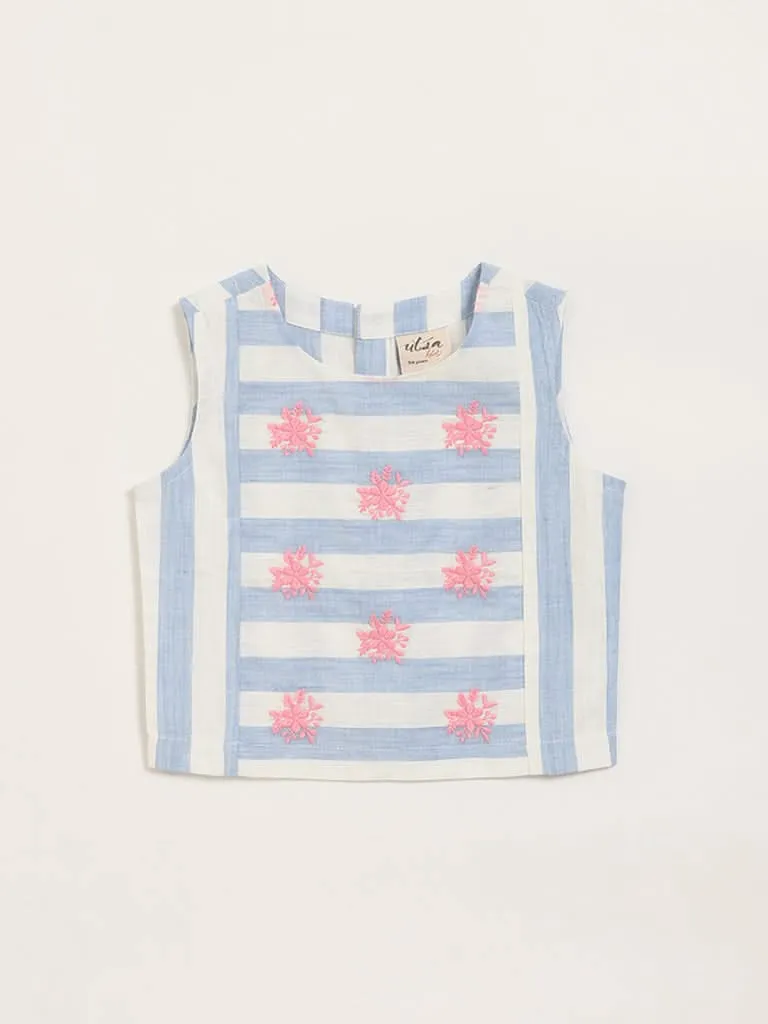 Utsa Kids Floral Embroidered Blue Striped Top (2 - 8yrs)