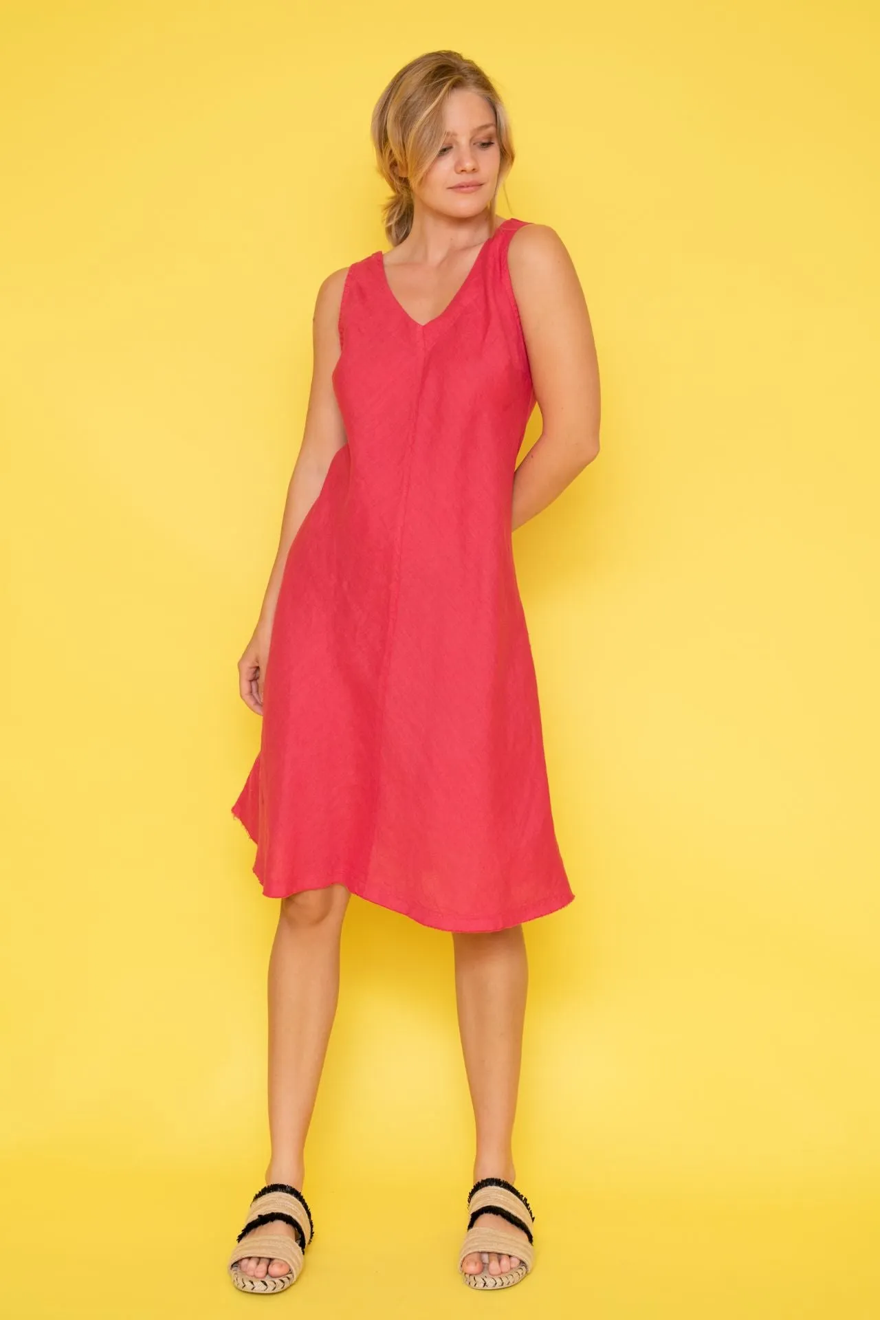 V-Neck Flared Linen Dress