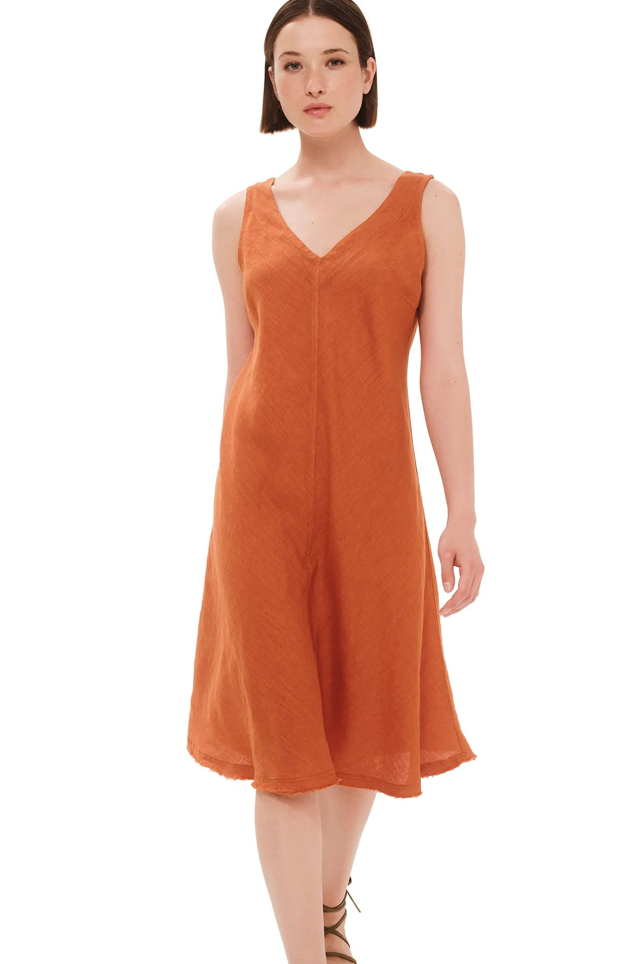 V-Neck Flared Linen Dress