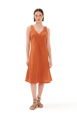 V-Neck Flared Linen Dress