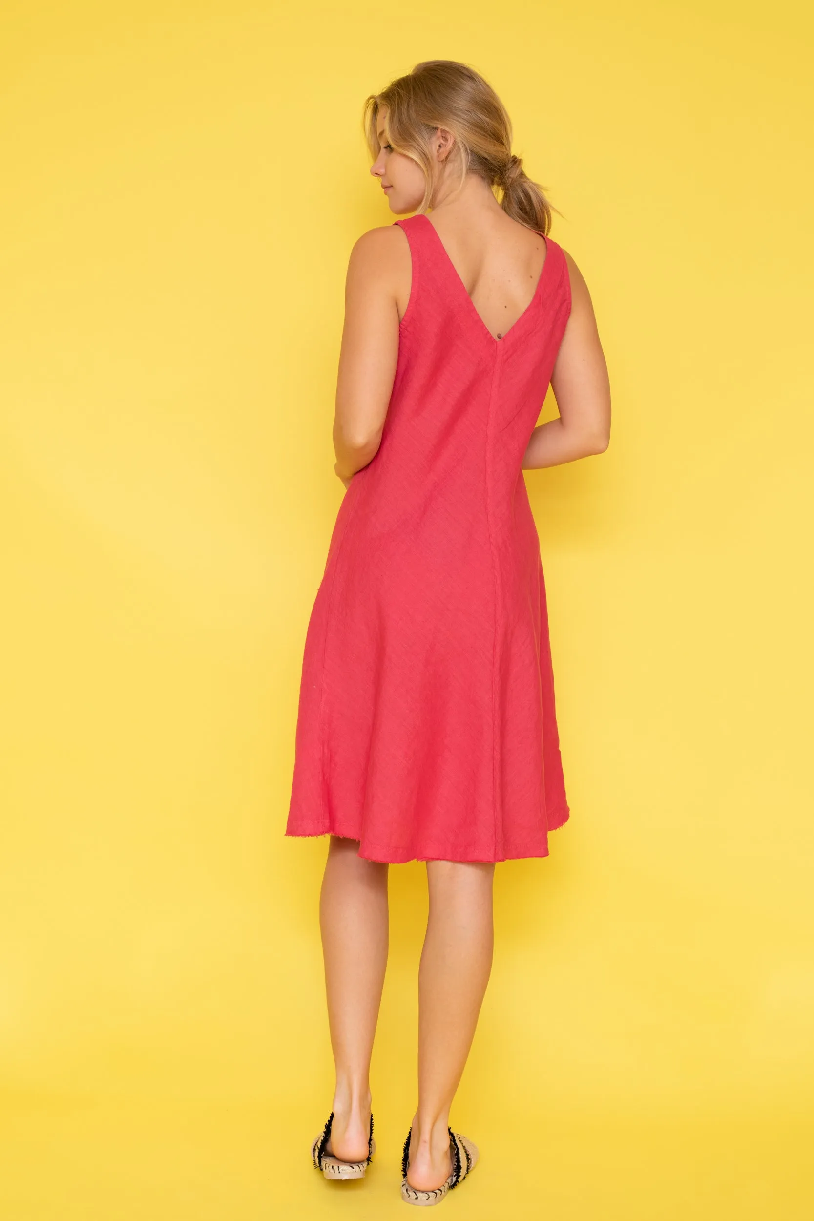 V-Neck Flared Linen Dress