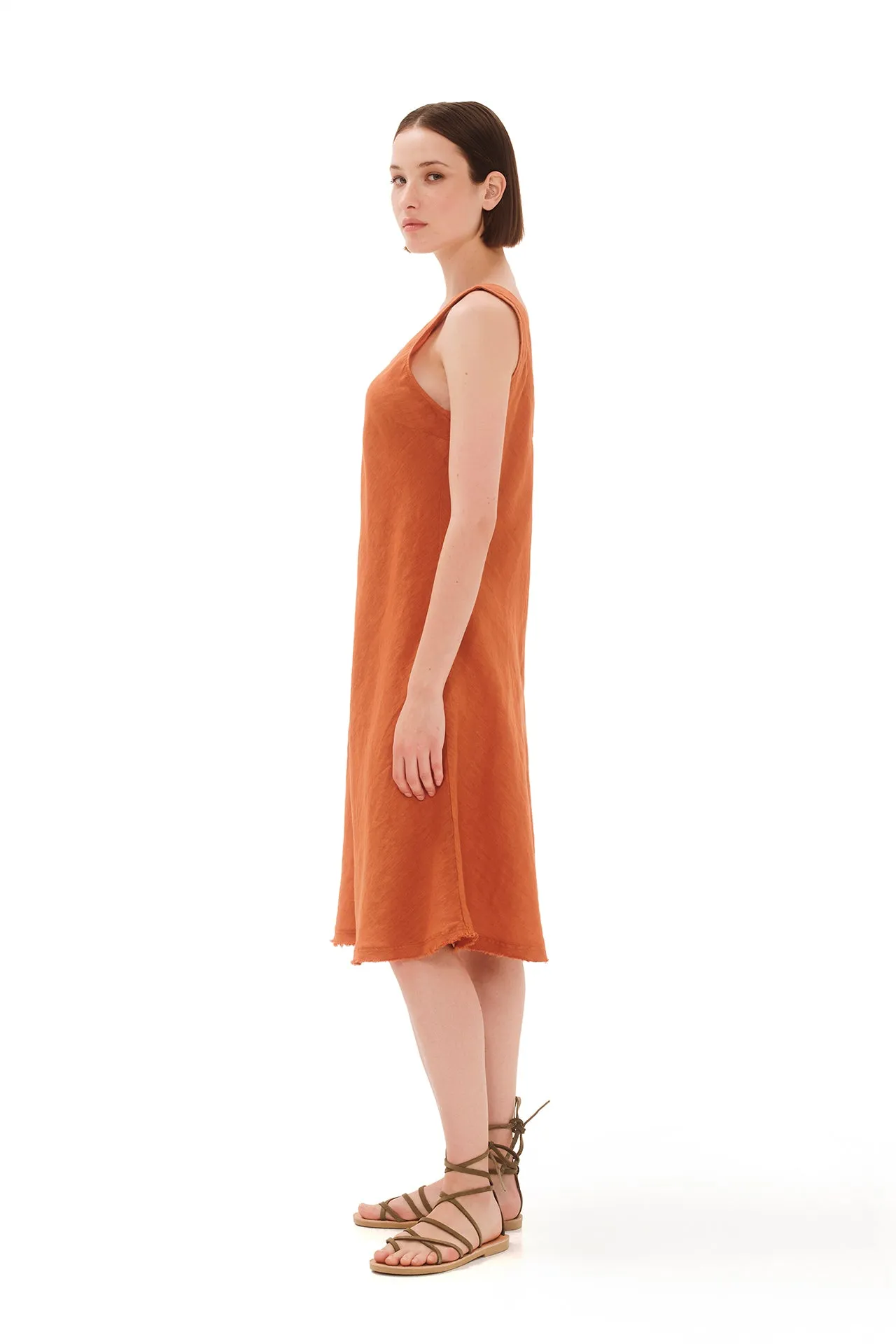V-Neck Flared Linen Dress