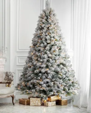 versatile 7FT Prelit Snow Flocked Artificial Holiday Christmas Tree with Remote, 400 Warm White Multi-Color Lights, Full Hinged Spruce Branch Tips for Home, Office, Party Decoration Dual Color LED LED 8 ft