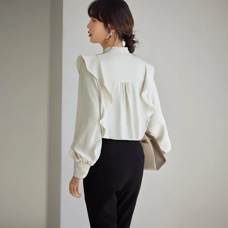 Versatile White Drape Feeling Ruffle Trim Chic Ambiance Blouse