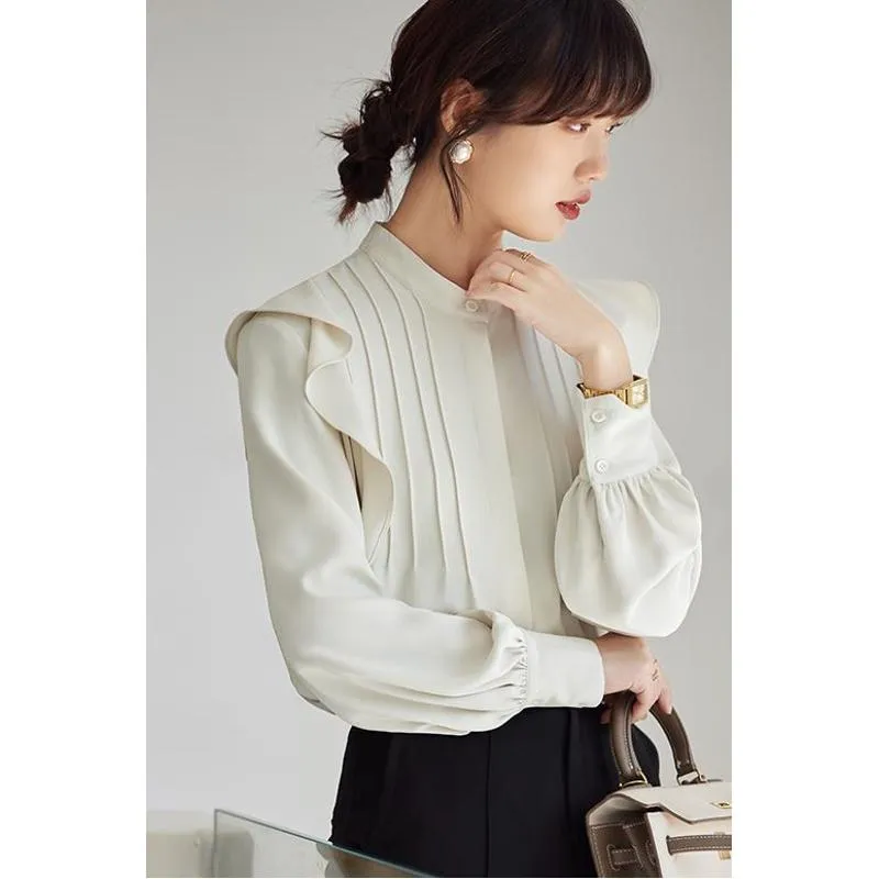 Versatile White Drape Feeling Ruffle Trim Chic Ambiance Blouse