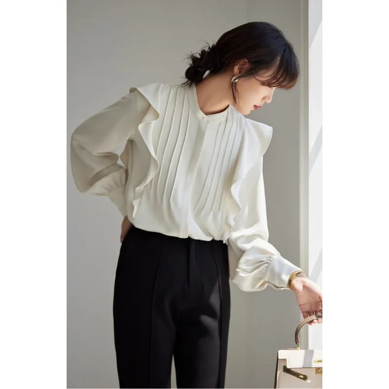 Versatile White Drape Feeling Ruffle Trim Chic Ambiance Blouse