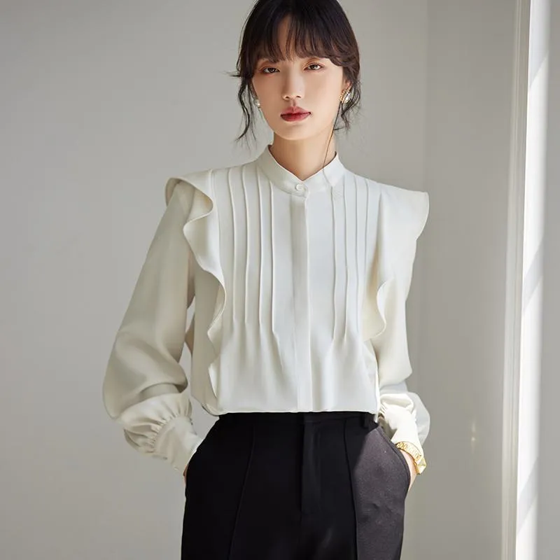 Versatile White Drape Feeling Ruffle Trim Chic Ambiance Blouse