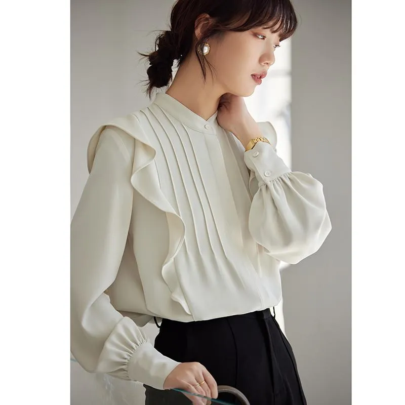 Versatile White Drape Feeling Ruffle Trim Chic Ambiance Blouse